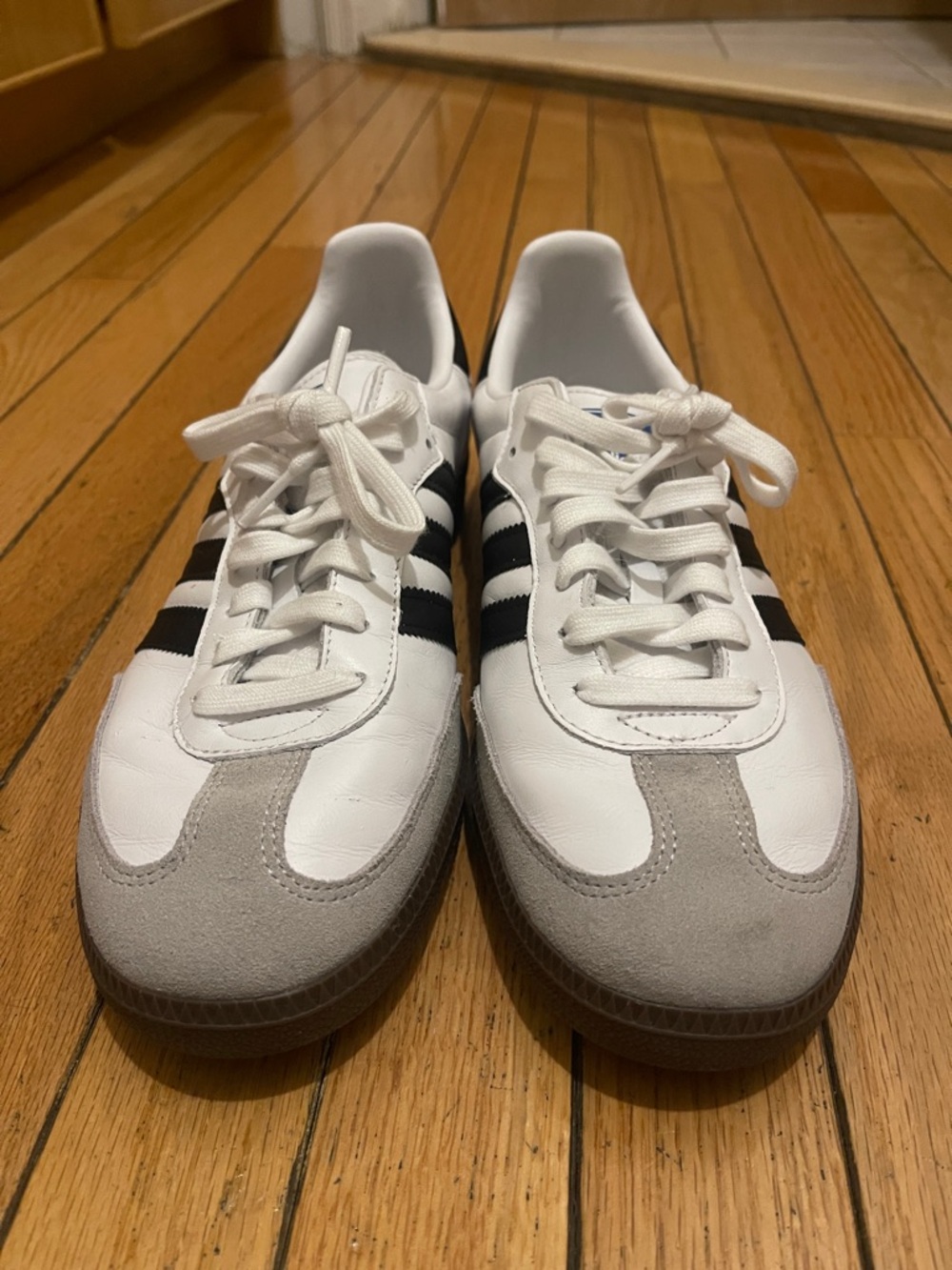 adidas White Sneakers with Black Stripes and Gray Suede Accents - Picture 2 of 5